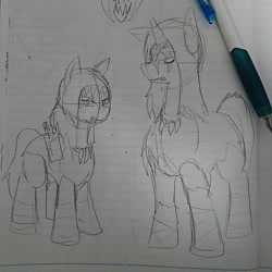 Size: 1076x1078 | Tagged: safe, artist:omegapony16, oc, oc only, oc:oriponi, bat pony, pony, unicorn, bat pony oc, clothes, duo, glare, horn, lineart, lined paper, pen, photo, traditional art, unicorn oc