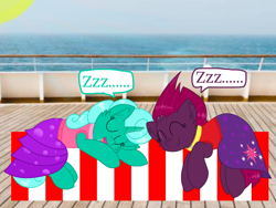 Size: 1440x1080 | Tagged: safe, artist:rainbow eevee edits, artist:徐詩珮, fizzlepop berrytwist, glitter drops, tempest shadow, pony, unicorn, series:sprglitemplight diary, series:sprglitemplight life jacket days, series:springshadowdrops diary, series:springshadowdrops life jacket days, alternate universe, broken horn, cute, eyes closed, female, glitterbetes, glittershadow, horn, lesbian, nap, onomatopoeia, paw patrol, shipping, sleeping, sound effects, tempestbetes, zzz