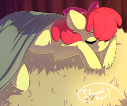 Size: 3000x2500 | Tagged: safe, artist:renka2802, artist:tigra0118, derpibooru import, apple bloom, blanket, bow, cute, dialogue, female, filly, hair bow, hay, offscreen character, sleeping, solo