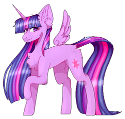 Size: 491x465 | Tagged: safe, artist:foxlove253, derpibooru import, twilight sparkle, twilight sparkle (alicorn), alicorn, pony, big ears, chest fluff, cutie mark, ear fluff, eye clipping through hair, female, floating wings, fluffy, mare, pixel art, raised hoof, sidemouth, simple background, solo, transparent background