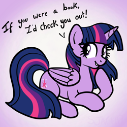 Size: 2100x2100 | Tagged: safe, artist:sjart117, part of a set, twilight sparkle, twilight sparkle (alicorn), alicorn, pony, bad pickup line, cute, daaaaaaaaaaaw, female, flirting, gradient background, looking back, mare, pickup lines, prone, smiling, solo, speech, twiabetes