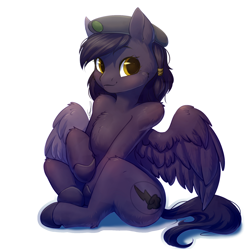 Size: 1900x1900 | Tagged: safe, artist:peachmayflower, edit, oc, oc only, oc:mir, pegasus, pony, fallout equestria, beret, commission, cropped, dashite, female, hat, human shoulders, looking at you, mare, simple background, sitting, sticker, transparent background, white outline