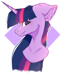 Size: 386x453 | Tagged: safe, artist:foxlove253, derpibooru import, twilight sparkle, pony, abstract background, big ears, blushing, bust, ear fluff, female, floppy ears, looking at you, mare, sidemouth, smiling, solo