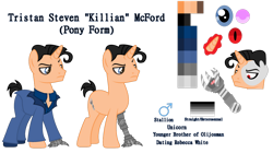 Size: 1024x572 | Tagged: safe, artist:budgie--boye, artist:clawort-animations, pony, amputee, base used, killian, ponified, pride, pride flag, prosthetic limb, prosthetics, reference sheet, simple background, spies in disguise, straight pride flag, transparent background