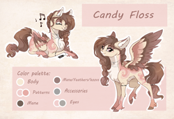 Size: 3449x2361 | Tagged: safe, artist:marbola, derpibooru import, oc, oc:candy floss (marbola), pegasus, pony, chest fluff, earbuds, female, headphones, mare, pale belly, pattern, reference sheet, solo, spread wings, teenager, wings