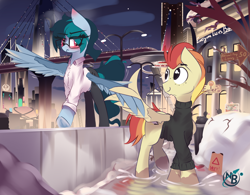 Size: 4010x3128 | Tagged: safe, artist:nevobaster, oc, oc only, oc:delta vee, oc:jet stream, balancing, blushing, bridge, city, clothes, eye clipping through hair, female, freckles, glasses, high res, holding wings, looking at each other, male, mare, mud, night, puddle, scenery, shirt, sign, snow, stallion, sweater, trousers, tsundere, turtleneck, wholesome, wing hands, wings