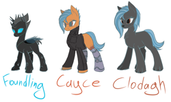 Size: 2188x1304 | Tagged: safe, artist:syntiset, derpibooru import, oc, oc only, oc:cayce, oc:clodagh, oc:foundling, changeling, earth pony, hybrid, pony, wolf, fallout equestria, amputee, prosthetic leg, prosthetic limb, prosthetics, scar