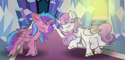 Size: 1268x608 | Tagged: safe, artist:kiwi4578, princess flurry heart, oc, oc:melody aurora, alicorn, crystal pony, pony, alicorn oc, bonding, cousins, crystallized, curved horn, duo, duo female, eyes closed, female, horn, multiple pregnancy, offspring, parent:flash sentry, parent:twilight sparkle, parents:flashlight, pregnant, raised hoof