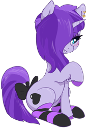 Size: 940x1356 | Tagged: safe, artist:t72b, derpibooru exclusive, oc, oc only, oc:bottom out, pony, unicorn, 2020 community collab, blushing, bow, clothes, derpibooru community collaboration, ear piercing, earring, eyeshadow, femboy, hair over one eye, heart, jewelry, looking away, makeup, male, piercing, raised hoof, simple background, sitting, smiling, socks, solo, stallion, striped socks, tail bow, tail wrap, transparent background, trap, unshorn fetlocks