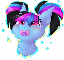 Size: 1789x1668 | Tagged: safe, artist:donutnerd, derpibooru import, oc, oc only, oc:krystal gypsy, bat pony, abdl, blushing, female, fluffy, happy, mare, pacifier, smiling, solo