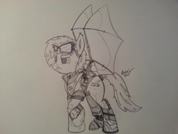 Size: 3264x2448 | Tagged: safe, artist:lucas_gaxiola, oc, oc only, bat pony, pony, amputee, artificial wings, augmented, bat pony oc, clothes, goggles, mechanical wing, prosthetic limb, prosthetics, raised hoof, signature, solo, traditional art, watch, wings