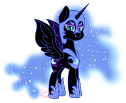 Size: 1224x1000 | Tagged: safe, artist:cottonsweets, nightmare moon, alicorn, pony, adorabolical, chibi, cute, evil grin, fanart, grin, looking at you, moonabetes, simple background, smiling, smiling at you, solo, transparent background