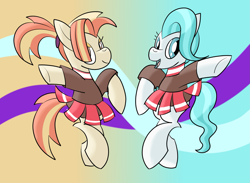 Size: 1761x1290 | Tagged: safe, artist:notadeliciouspotato, lighthoof, shimmy shake, earth pony, pony, 2 4 6 greaaat, abstract background, bipedal, cheerleader, clothes, cute, duo, female, mare, pleated skirt, ponytail, skirt, skirt lift, smiling, sweater