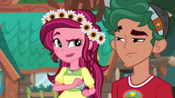 Size: 1920x1080 | Tagged: safe, screencap, gloriosa daisy, timber spruce, equestria girls, legend of everfree, camp everfree outfits, clothes, female, flower, flower in hair, geode of fauna, geode of shielding, geode of sugar bombs, geode of super speed, geode of super strength, magical geodes, male, microphone