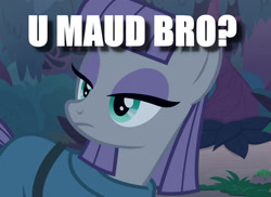 Size: 1463x1067 | Tagged: safe, edit, edited screencap, screencap, maud pie, student counsel, caption, image macro, pun, solo, text, u mad, u maud, you mad bro