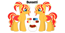 Size: 3500x1800 | Tagged: safe, artist:ponkus, oc, oc:bunsetti, pegasus, pony, female, food, mare, pasta, reference sheet, solo, spaghetti