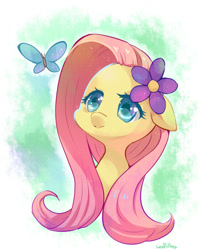 Size: 600x738 | Tagged: dead source, safe, artist:lesfrites, fluttershy, butterfly, pegasus, pony, abstract background, bust, cute, female, floppy ears, flower, flower in hair, looking at something, looking up, mare, portrait, shyabetes, solo, three quarter view