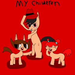 Size: 500x500 | Tagged: safe, editor:undeadponysoldier, oc, oc:molly, oc:nick, oc:the undead pony soldier, pony, brother and sister, cane, children, father, father and child, father and daughter, father and son, fedora, female, hat, inverted cross, male, misspelling, parent, parent and child, pixel art, siblings