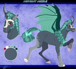 Size: 1202x1095 | Tagged: safe, artist:bijutsuyoukai, oc, oc:midnight mizzle, hybrid, bat kirin, male, offspring, parent:rain shine, reference sheet, solo