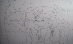 Size: 4979x2992 | Tagged: safe, artist:徐詩珮, fizzlepop berrytwist, glitter drops, tempest shadow, pony, unicorn, broken horn, clothes, female, glittershadow, horn, lesbian, mare, scarf, shipping, traditional art