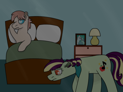 Size: 1032x774 | Tagged: safe, artist:kindheart525, artist:raventhatflieshigh, oc, oc only, oc:cursive quill, oc:pristine melody, earth pony, pony, bed, female, husband and wife, kindverse, magical lesbian spawn, male, offspring, offspring shipping, parent:applejack, parent:coco pommel, parent:coloratura, parent:trenderhoof, parents:rarajack, parents:trenderpommel, straight
