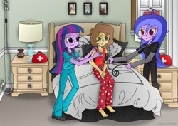 Size: 1024x725 | Tagged: safe, artist:lavenderrain24, sea swirl, seafoam, twilight sparkle, oc, oc:healing touch, equestria girls, barefoot, bed, caring, checkup, clothes, feet, lamp, nurse, pajamas, picture frame, reference, scrubs, stethoscope