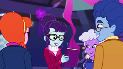 Size: 1280x720 | Tagged: safe, screencap, rosette nebula, better together, equestria girls, twilight under the stars, background human, book, book signing, dax cobalt, female, ginger specs, glasses, male