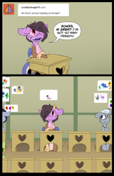 Size: 1243x1920 | Tagged: safe, artist:conmanwolf, silver spoon, oc, oc:scraps, draconequus, earth pony, pony, comic:scraps of chaos, comic, drawing, paper, school, school desk