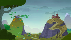 Size: 1440x808 | Tagged: safe, derpibooru import, screencap, fluttershy, twilight sparkle, twilight sparkle (alicorn), alicorn, pegasus, pony, the hooffields and mccolts, dead tree, flying, fort, fort mccolt, house, pumpkin, smokey mountains, tree, tree stump, valley