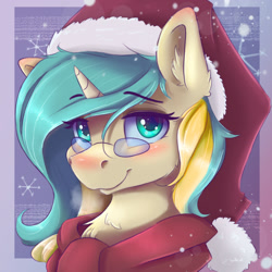 Size: 1800x1800 | Tagged: safe, artist:ardail, derpibooru import, oc, oc only, oc:flipsy, pony, unicorn, blushing, bust, christmas, female, glasses, hat, holiday, mare, santa hat, solo