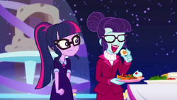 Size: 1280x720 | Tagged: safe, screencap, rosette nebula, sci-twi, twilight sparkle, better together, equestria girls, twilight under the stars, buffet, eating, female, food, glasses, ponytail, wavy mouth