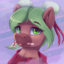 Size: 1800x1800 | Tagged: safe, artist:ardail, derpibooru import, oc, oc only, oc:cocoa mint, earth pony, pony, bust, female, mare, mouth hold, solo, tongue out