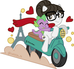 Size: 1452x1359 | Tagged: safe, artist:tassji-s, raven, spike, dragon, female, glasses, male, paris, ravenspike, scooter, shipping, straight