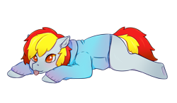 Size: 1024x592 | Tagged: safe, artist:guiltyp, earth pony, pony, clothes, female, hoodie, mare, prone, simple background, solo, tongue out, transparent background