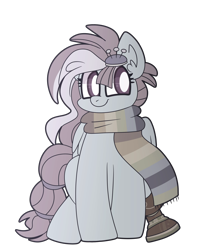 Size: 1692x2000 | Tagged: safe, artist:saveraedae, kerfuffle, pegasus, pony, rainbow roadtrip, amputee, clothes, cute, grayfuffle, pincushion, prosthetic leg, prosthetic limb, prosthetics, scarf, sitting, smiling, solo, ych result