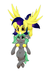 Size: 2121x3333 | Tagged: safe, artist:n0nnny, derpibooru import, oc, oc:minty strip, oc:mixi creamstar, earth pony, pegasus, pony, 2019 community collab, blushing, crossed legs, derpibooru community collaboration, ethereal mane, flying, galaxy mane, grin, simple background, smiling, transparent background