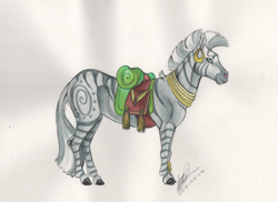 Size: 1024x744 | Tagged: safe, artist:sagastuff94, derpibooru import, zecora, zebra, ear piercing, earring, female, jewelry, mare, neck rings, piercing, profile, realistic anatomy, realistic horse legs, saddle, signature, simple background, smiling, solo, tack, traditional art, white background