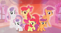 Size: 3495x1929 | Tagged: safe, artist:andoanimalia, artist:vector-brony, apple bloom, scootaloo, sweetie belle, earth pony, pegasus, pony, unicorn, clubhouse, cmc day, cutie mark crusaders, filly, older, older apple bloom, older cmc, older scootaloo, older sweetie belle, self paradox