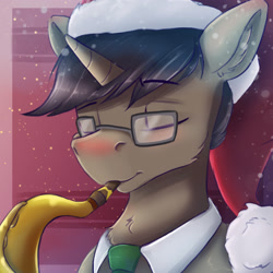 Size: 1800x1800 | Tagged: safe, artist:ardail, derpibooru import, oc, oc only, pony, unicorn, bust, christmas, eyes closed, glasses, hat, holiday, male, musical instrument, santa hat, saxophone, solo, stallion