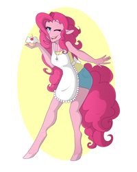 Size: 4000x5000 | Tagged: safe, artist:neekophobia, pinkie pie, anthro, unguligrade anthro, apron, clothes, cupcake, cutie mark necklace, female, floppy ears, food, jewelry, necklace, one eye closed, solo, wink