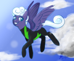 Size: 1700x1400 | Tagged: safe, artist:angexci, derpibooru import, rolling thunder, pegasus, pony, season 8, the washouts (episode), spoiler:s08, clothes, eye scar, female, flying, mare, scar, solo, uniform, washouts uniform