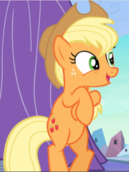 Size: 702x941 | Tagged: safe, screencap, applejack, earth pony, pony, the crystal empire, bipedal, cropped, crossed hooves, cute, female, freckles, jackabetes, mare, open mouth, solo