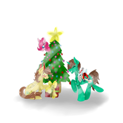 Size: 894x894 | Tagged: safe, artist:hersheypup, pinkie pie, oc, oc:ferb fletcher, oc:frost d. tart, alicorn, earth pony, pegasus, pony, alicorn oc, christmas, christmas tree, clothes, costume, holiday, plushie, present, santa costume, solo, tree, winter ramun