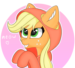 Size: 3179x2887 | Tagged: safe, artist:luntikius, derpibooru import, applejack, earth pony, pony, abstract background, applecat, bust, cheek fluff, clothes, cute, ear fluff, eye clipping through hair, heart, hoodie, jackabetes, meow, portrait, smiling, solo