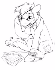 Size: 2550x3300 | Tagged: safe, artist:silfoe, derpibooru import, oc, earth pony, pony, frog (hoof), glasses, lineart, monochrome, paper, pencil, solo, underhoof