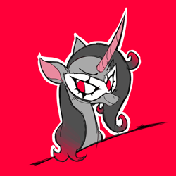 Size: 4000x4000 | Tagged: safe, artist:doodlegamertj, oleander, classical unicorn, unicorn, them's fightin' herds, cloven hooves, community related, crossover, female, joker (persona), leonine tail, masquerade mask, persona, persona 5, red background, ren amamiya, simple background, solo, unshorn fetlocks