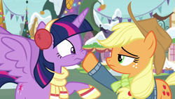 Size: 1280x720 | Tagged: safe, derpibooru import, screencap, applejack, twilight sparkle, twilight sparkle (alicorn), alicorn, earth pony, pony, best gift ever, applejack's hat, boop, christmas, clothes, duo, duo focus, earmuffs, female, female focus, hoof on face, hoof on mouth, hoof on nose, looking at each other, nose wrinkle, noseboop, ponyville, raised hoof, scarf, silence, snow, solo focus, spread wings