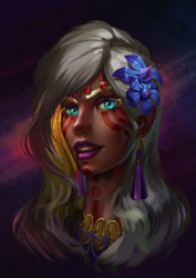 Size: 1024x1448 | Tagged: dead source, safe, artist:sunset tide, derpibooru import, zecora, human, blue eyes, bust, dark skin, ear piercing, earring, face paint, female, flower, flower in hair, gradient background, humanized, jewelry, lipstick, makeup, piercing, portrait, solo