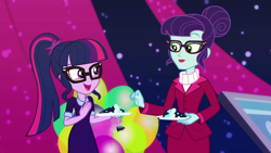 Size: 1280x720 | Tagged: safe, screencap, rosette nebula, sci-twi, twilight sparkle, better together, equestria girls, twilight under the stars, atomic chocolate cake, cake, chocolate cake, food, glasses, hair bun, ponytail