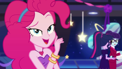 Size: 1280x720 | Tagged: safe, screencap, pinkie pie, rosette nebula, sci-twi, twilight sparkle, equestria girls, equestria girls series, twilight under the stars, spoiler:eqg series (season 2), bare shoulders, bracelet, female, heart necklace, jewelry, sleeveless, strapless